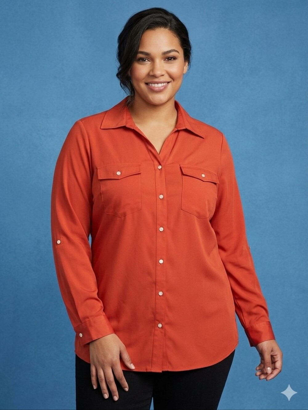 Cotton Express Rust Orange Button Down Stretch Utility Shirt 1X